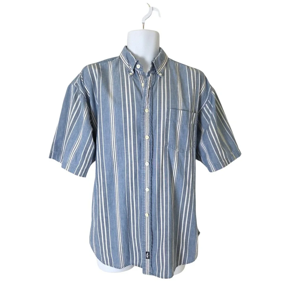 Levis Dockers Shirt‎ L Blue Striped Chambray Short Sleeve Button Down Collared